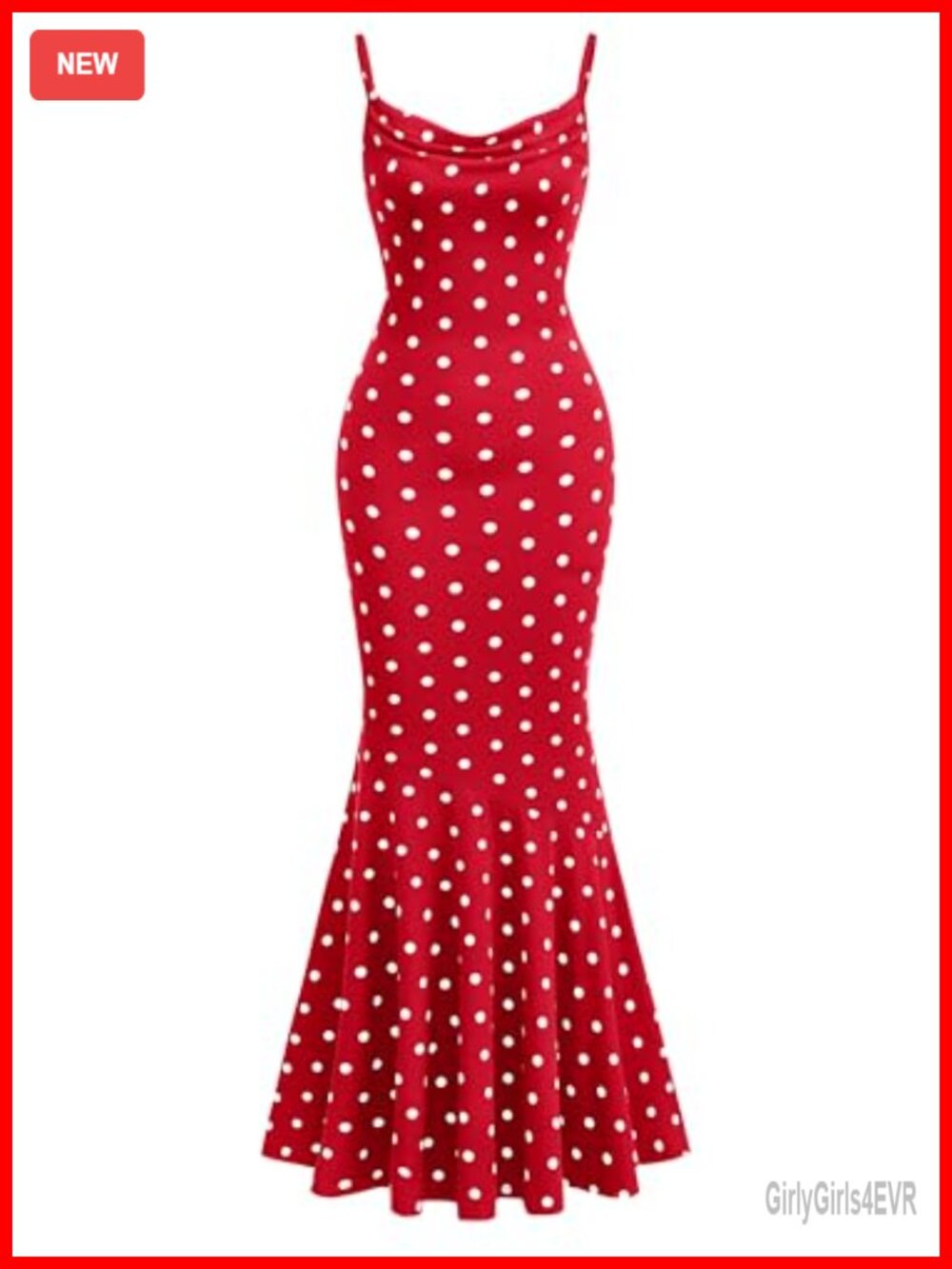 Womens Polka Dot Spaghetti Strap Cowl Neck Bodycon Mermaid Maxi Dress